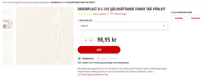 Skärmbild av dekorplast i träimitation från webbutik, avsedd för ytförnyelse på möbler och inredning.