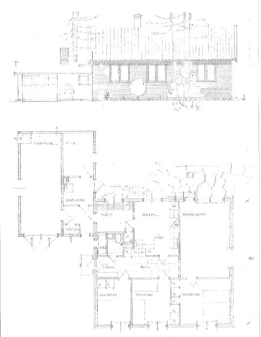 Arkitektritningar av en byggnads planlösning och fasad.