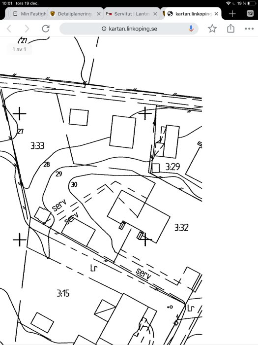Fastighetskarta som visar tomtuppdelningar med beteckningar 3:29, 3:30, 3:32 och servitut.