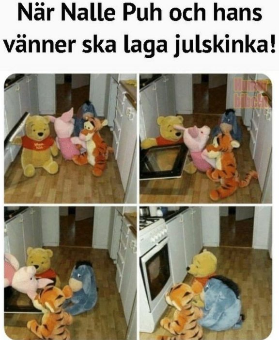 Leksaksgosedjur föreställande Nalle Puh, Nasse, Tiger och Ior som försöker laga mat i ett kök.