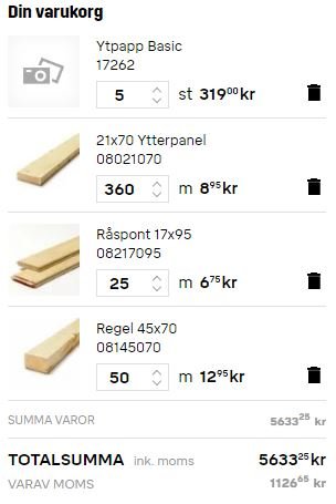 Skärmdump av en varukorg med byggmaterial såsom Ytapp Basic, Ytterpanel och Regel, inklusive antal, priser och totalsumma.