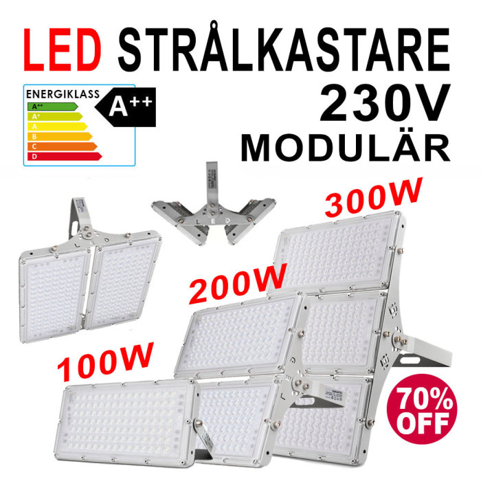 Modulära LED-strålkastare i 100W, 200W och 300W för energieffektiv belysning, med energiklass A++.