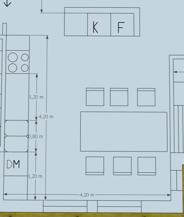 Ritning av kökslayout med öar, diskmaskin (DM), kyl (K), frys (F) och måttangivelser.