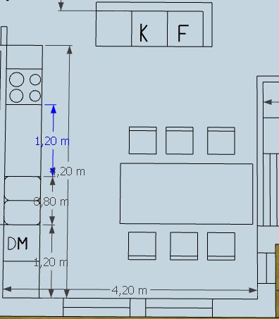 Ritning av kökslayout med beteckningar för diskmaskin (DM), kyl (K), frys (F) och måttangivelser för arbetsytor.