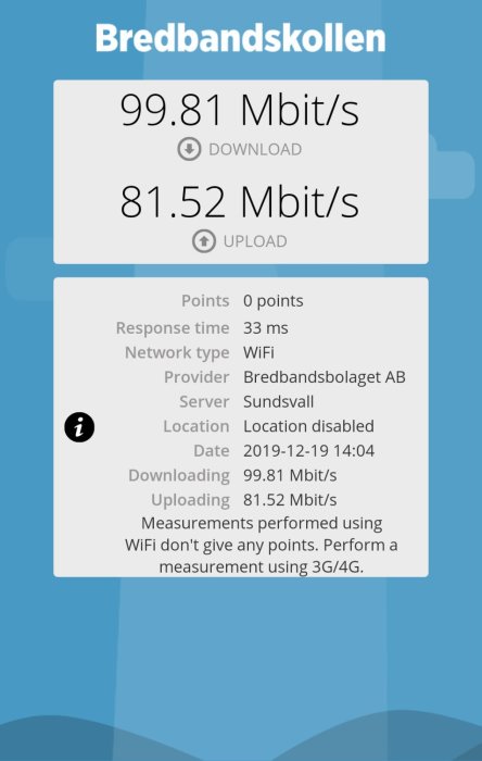 Skärmdump av bredbandshastighetstest med 99.81 Mbit/s nedladdning och 81.52 Mbit/s uppladdning via WiFi.