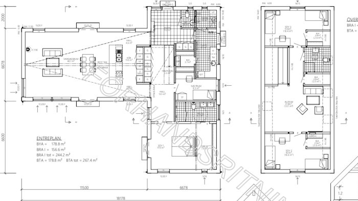 Arkitektritning av en husplanlösning med måttangivelser, kök, sovrum och vardagsrum markerade.