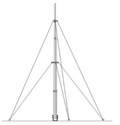 Stålteleskopmast med kabelstöttor, 15 meter hög, för enkel radiokommunikation.