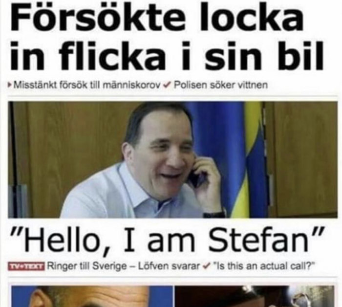 Mem med en man som ler och pratar i telefon, överlagrad text skämtar om identifikation.