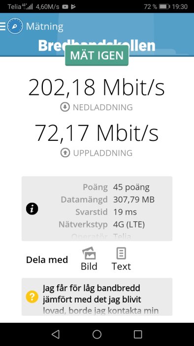 Skärmavbild av bredbandsmätning som visar 202,18 Mbit/s nedladdning och 72,17 Mbit/s uppladdning med Telia 4G.