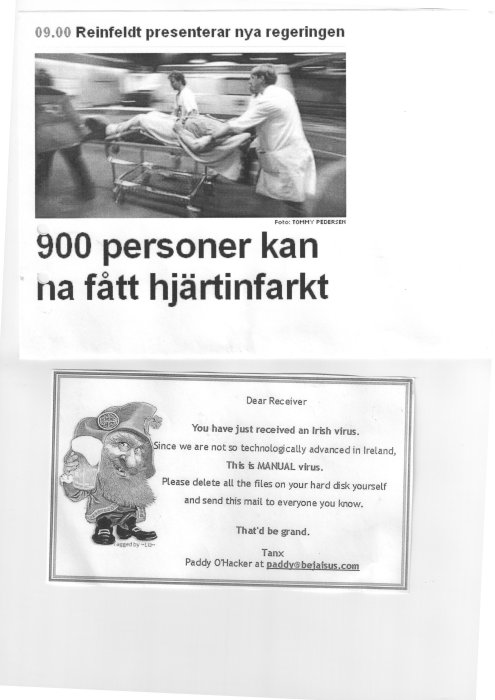 Satirisk bild av en tomte som håller i en ölsejdel, intill ett skämtsamt meddelande om ett "irländskt virus".