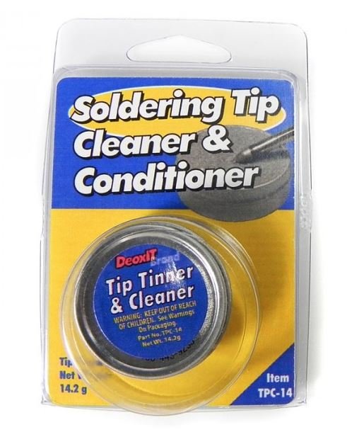 Förpackning av lödspettsrengöring och balsam med texten 'Soldering Tip Cleaner & Conditioner'.