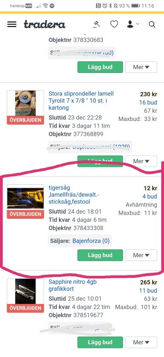 Skärmbild från Tradera som visar en avslutad auktion på en tigersåg, lamellfräs och sticksåg för 12 kr.
