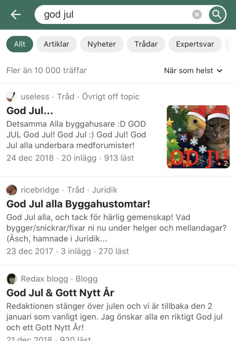 Skärmdump av diskussionsforumets sökresultat med önskan om en god jul och en bild på en fågel och en katt i tomteluvor.