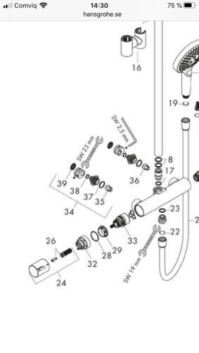 Explosionsritning av blandare med delar numrerade, föremål nr 35 framhävt.