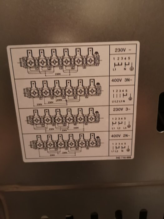 Diagram som visar olika kopplingsscheman för elektrisk spis, märkt med spänningar och anslutningar.