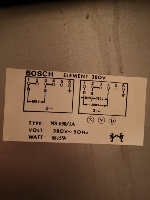 Elschema för 380V Bosch-spis, visar anslutningar och specifikationer som typ, volt och watt.