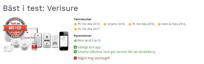 Samling av Verisure säkerhetsprodukter utsedda till 'Bäst i test' med logotyp, testresultat och positiva recensioner.