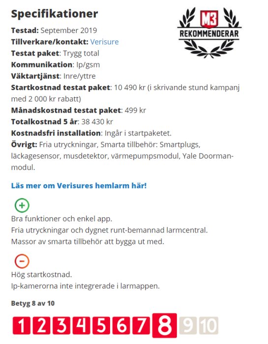 Specifikationer och recension av larmsystem med betyg, priser, paketinformation och för- och nackdelar.