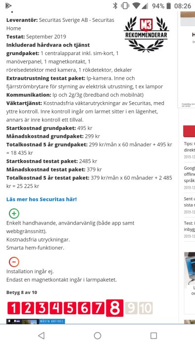 Skärmdump av en recensionsida för Securitas larmtjänst med priser och betyg.