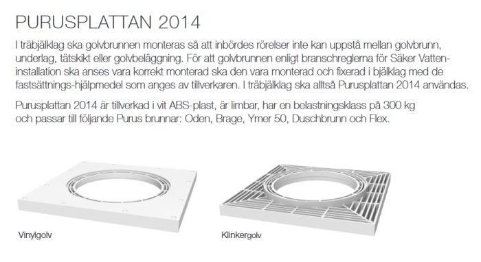 Illustration av Purusplattan 2014 för vinyl- och klinkergolv, använd för korrekt montering av golvbrunnar.