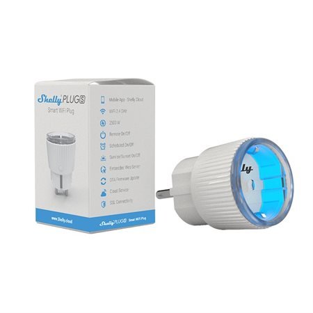 Shelly Plug S smart Wi-Fi-kontakt med förpackning, funktioner på lådan listade.