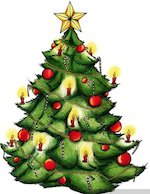 Tecknad julgran med stjärna på toppen och dekorationer som röda kulor och gula ljus.