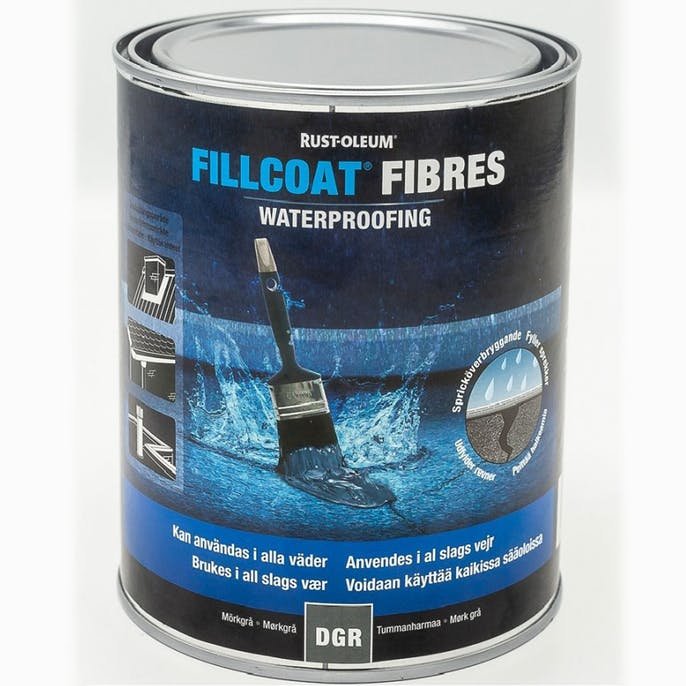 Burk med tätningsmassa för vattentätning, Rust-Oleum Fillcoat Fibres, användbar i alla väder.