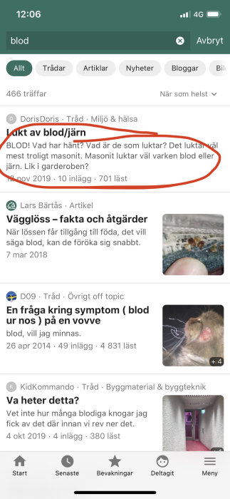 Skärmdump av ett forum med sökresultat på termen "blod" där en tråd om lukten av blod/järn är markerad.