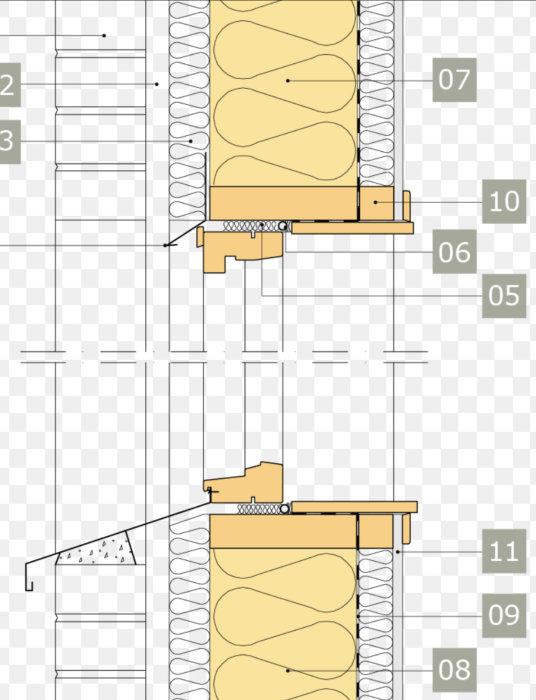 Sektionsskiss av väggkonstruktion och isolering med numrerade lager från en träguide.