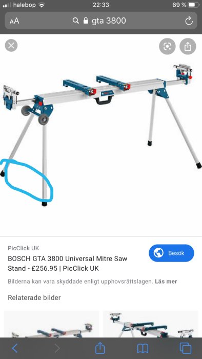 Bosch GTA 3800 kapställning med markerade gummihjul på ena sidan.