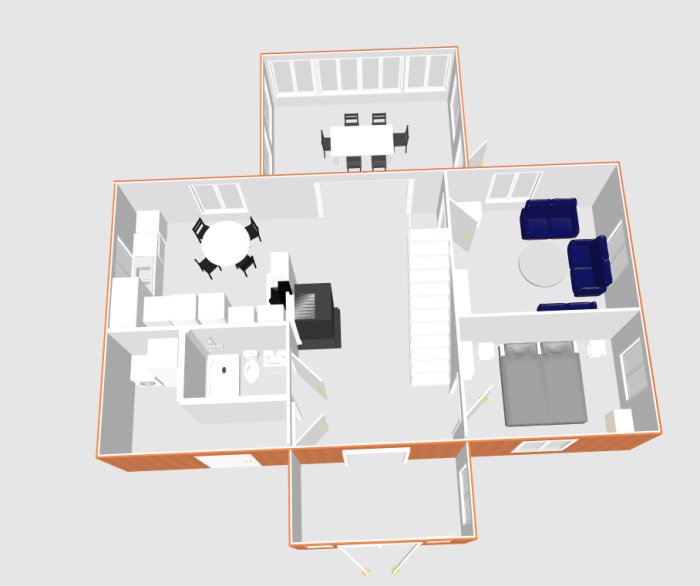 3D-planlösning av en liten toalett med dusch bredvid en trappa, storlek syns ej.