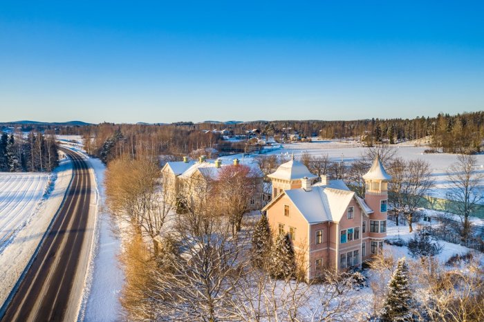 Vinterutsikt över en stor rosa villa med torn och snötäckt tak bredvid en väg och skog.