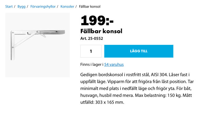 Fällbar konsol i rostfritt stål för montering på byggprojekt eller möbler.