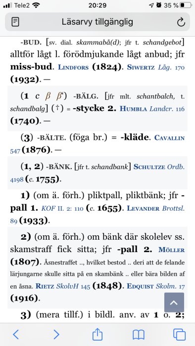 Skärmdump från en digital ordbok som förklarar begreppet "skambud" och dess etymologi.