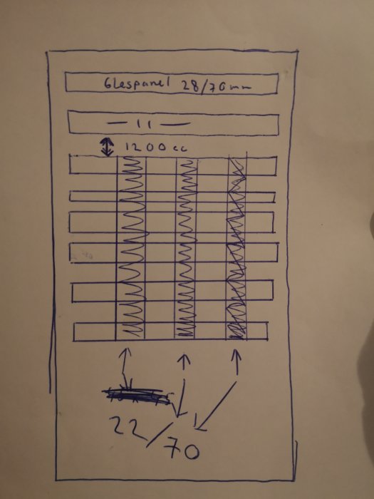 Handritad skiss av glespanel 28/70mm med 1200cc och en alternativ konstruktion med träreglar 22/70mm.