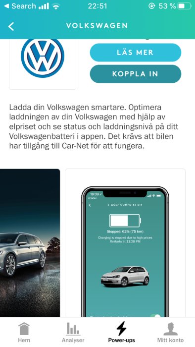 Skärmdump av Volkswagen-appens laddningsinställningar som visar elbilens laddstatus.