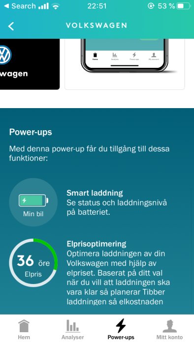 Skärmdump av Volkswagen app med funktioner för smart laddning och elprisoptimering.