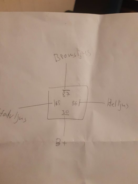 Handritad skiss av en elektrisk krets för kombination av bromsljus och helljus i fordon.