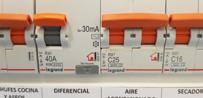 Närbild på en Legrand säkringstavla med en 2-polig 25A dvärgbrytare och en 40A jordfelsbrytare.