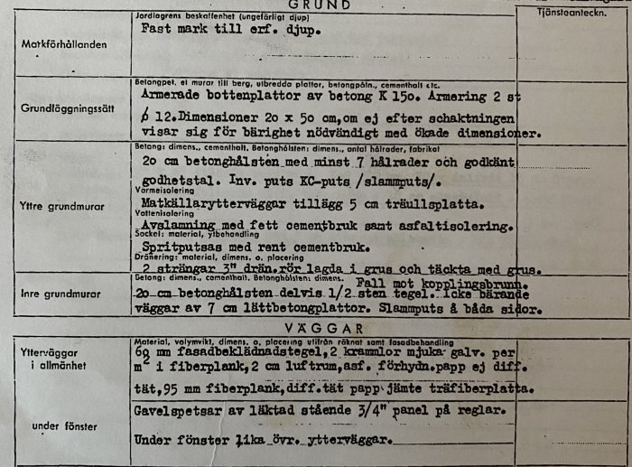 Slitet dokument med byggteknisk information, inklusive grundläggning och väggkonstruktioner, för renoveringsplanering.