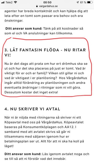 Skärmdump från Vårgårdahus hemsida med text om husritning och avtalsskrivning i säljprocessen.