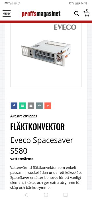 Vattenuppvärmd fläktkonvektor Eveco Spacesaver SS80 för inbyggnad i kökssockel.