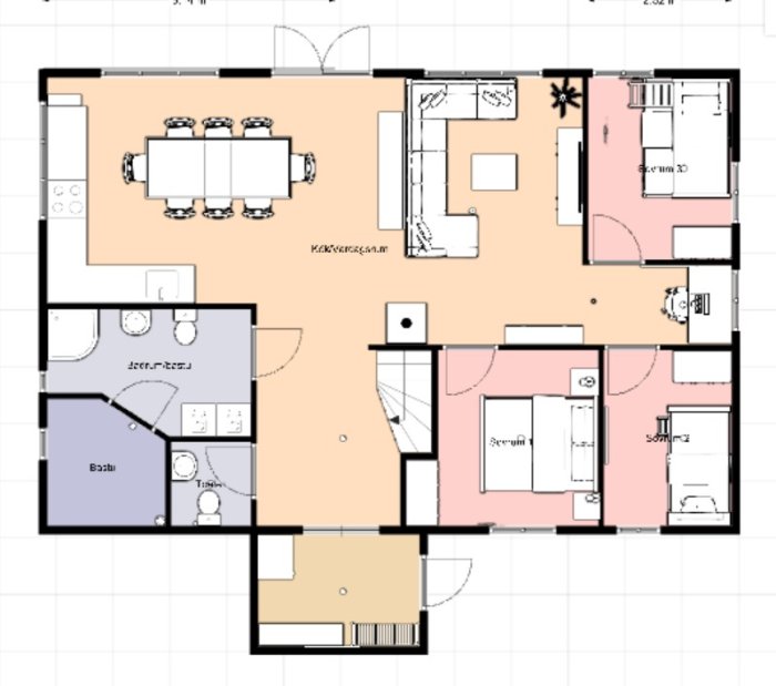 Ritad planlösning för ett 96 kvm fritidshus med loft, groventré, torkskåp och VVS-optimerat kök och badrum.