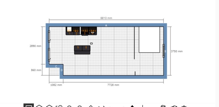 Planritning av en 34 kvadratmeter stor lägenhet med markerade väggar för rivning och blå linje som visar dräneringsrör.