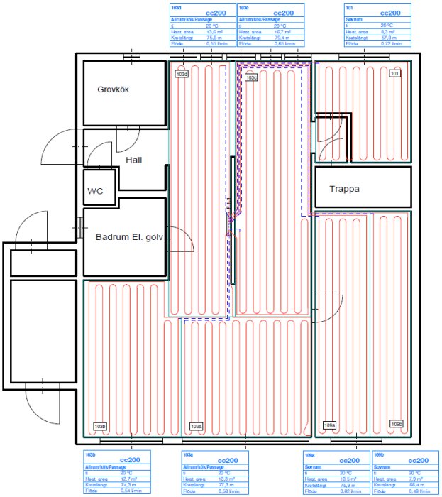 Ritning över första plan i villa med detaljerad layout av golvvärmeslingor och rumsnamn såsom kök och sovrum.