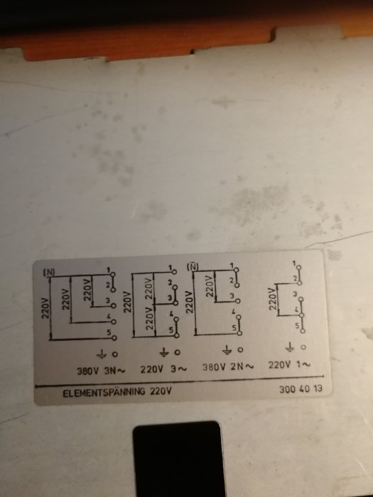 Etikett med kopplingsscheman för olika spänningar på en äldre spis.