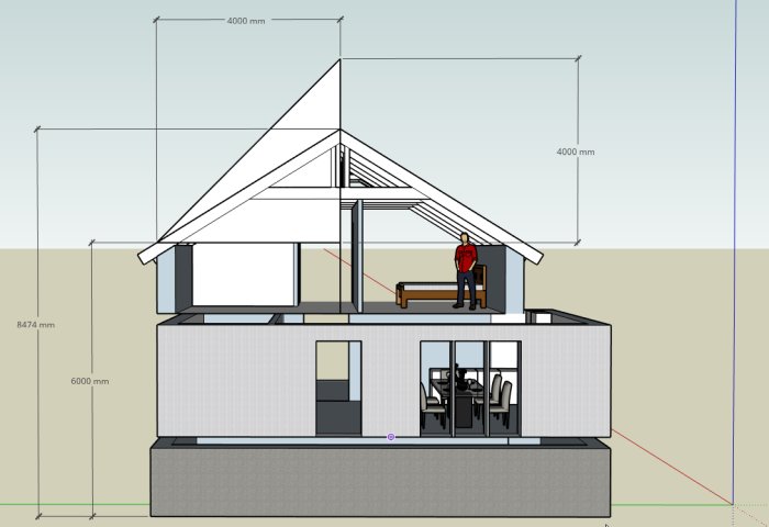 Skiss av en husfasad med måttangivelser som visar höjderna för ett mansardtak och en figur på taket.