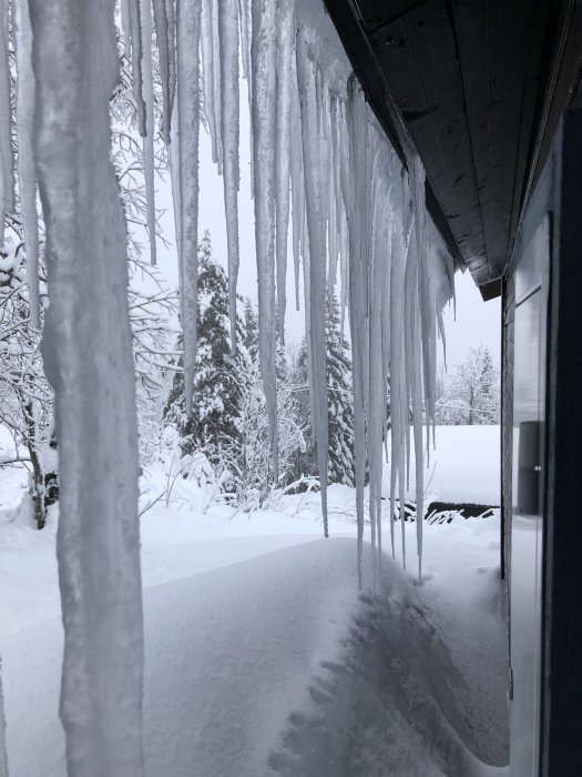 Långa istappar hänger från taket på ett fritidshus med snötäckt landskap i bakgrunden.