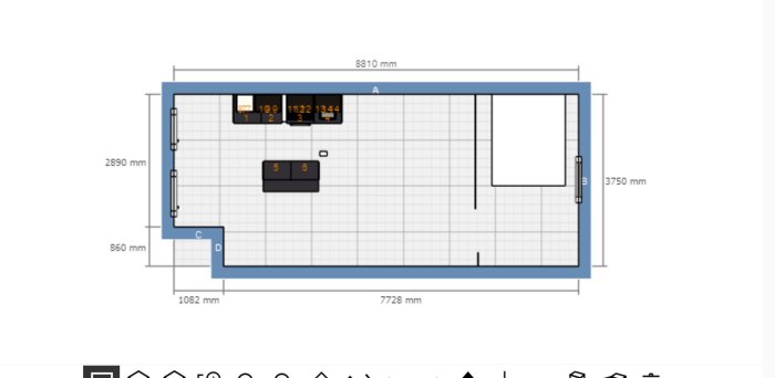 Ritning över en lägenhetsplan med markerade väggar som ska rivas och positionering av rör för diskussion om köksrenovering.