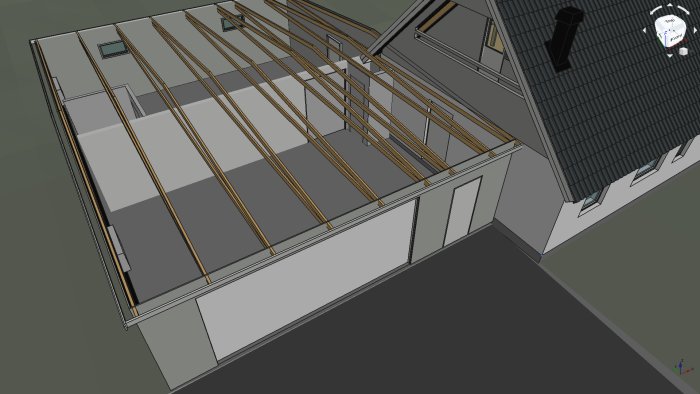 3D-skiss av utbyggt garage med märkt bärande vägg och takstolar, samt taklutning på 5 grader.